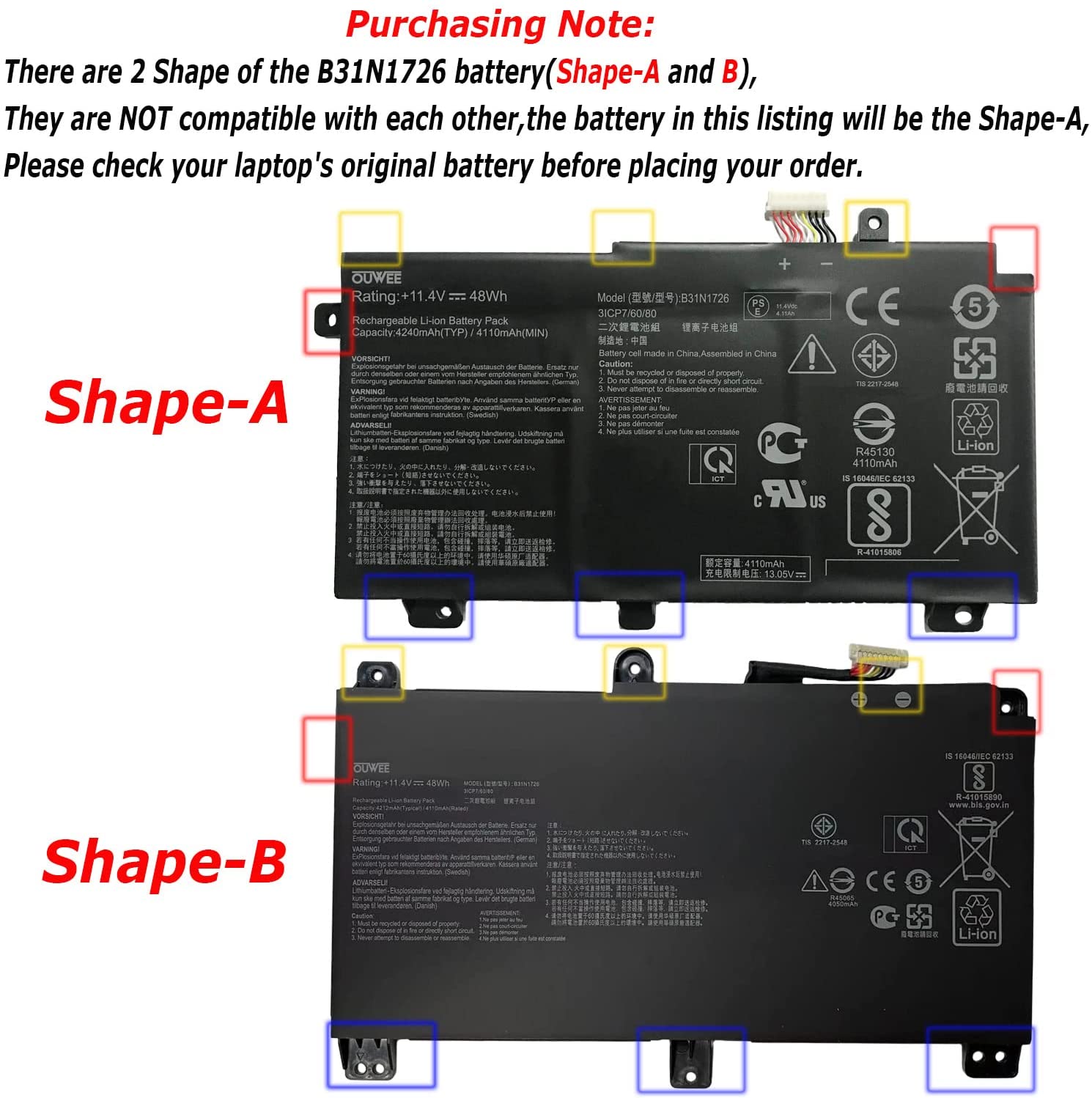 OUWEE B31N1726 Laptop Battery Compatible with Asus FX80 FX86 TUF FX504 FX504GE 48Wh(Shape-A) new - Image 6