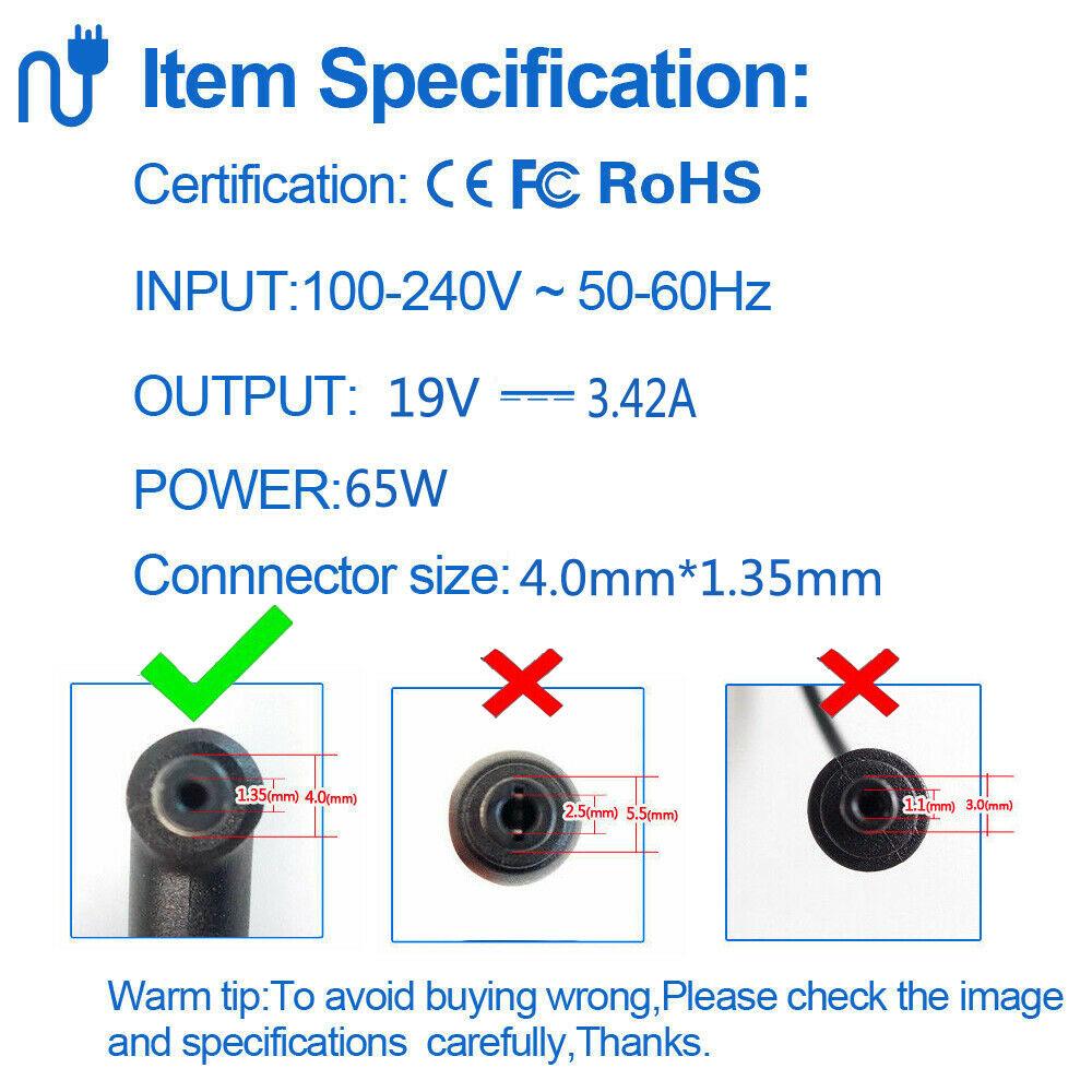 Asus 65W 4.0mm*1.35mm Laptop Adaptor for Asus A42F A52F K53BE K55A K56CA X550CA X450CA X501A U53F-- MPN: 4.0mm*1.35mm - Image 2